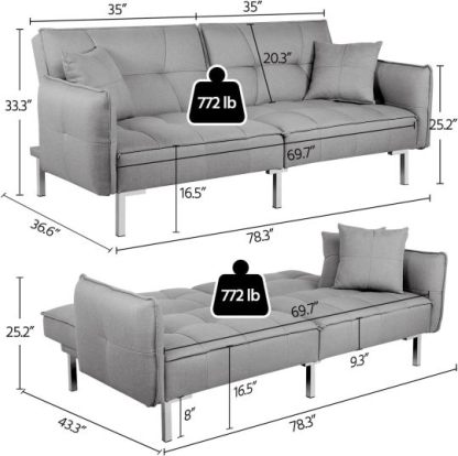 Yaheetech Sofá cama convertible moderno futón sofás, cama plegable y abajo, tela de lino reclinable para sala de estar, color gris-almohada