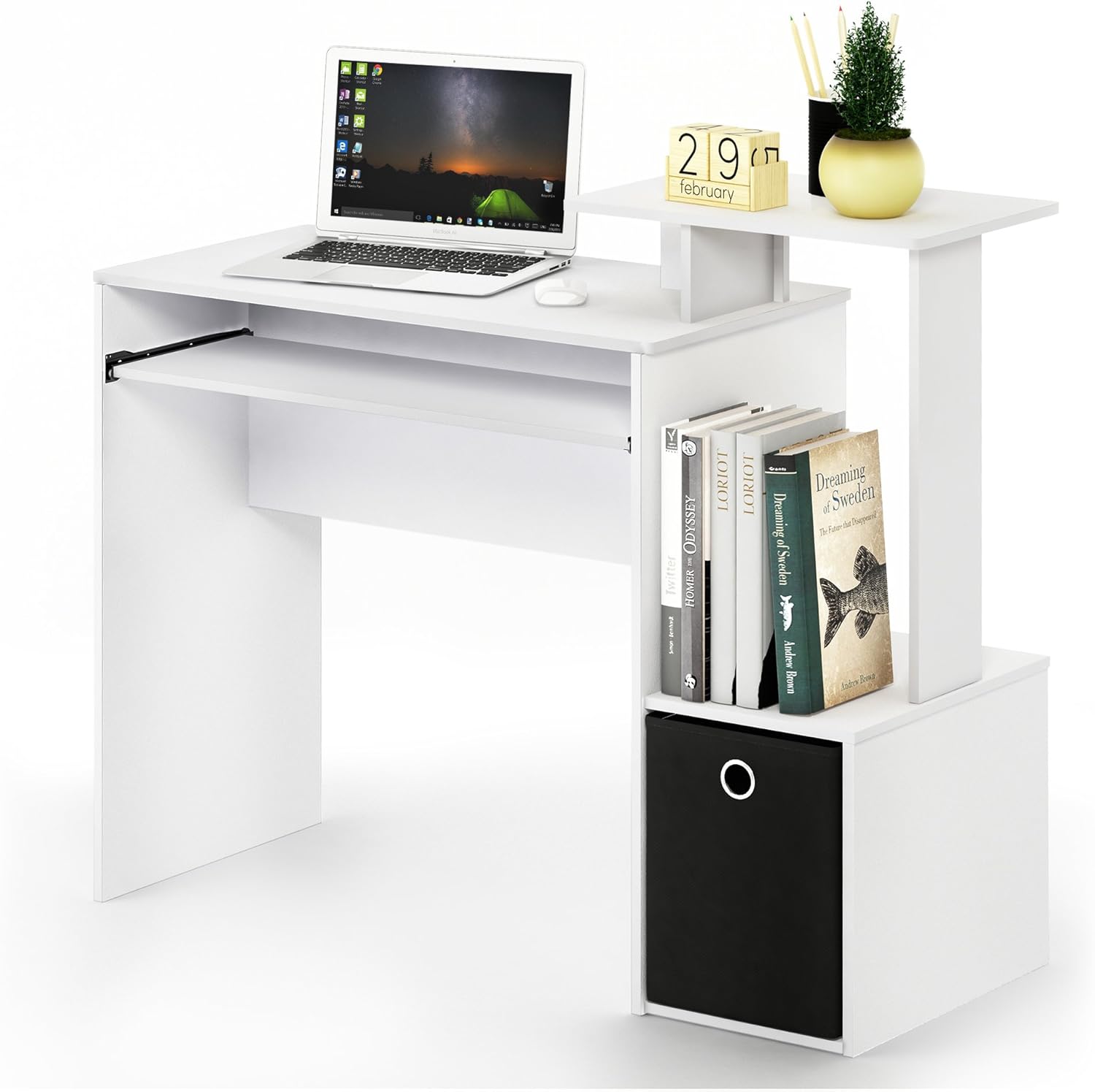 Furinno Econ Escritorio de escritura de computadora de oficina en casa multipropósito W/Bin, Blanco/Negro