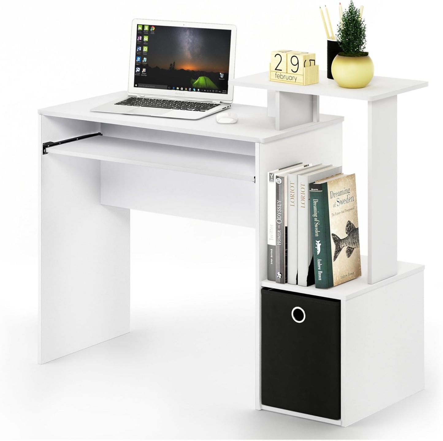 Furinno Econ Escritorio de escritura de computadora de oficina en casa multipropósito W/Bin, Blanco/Negro