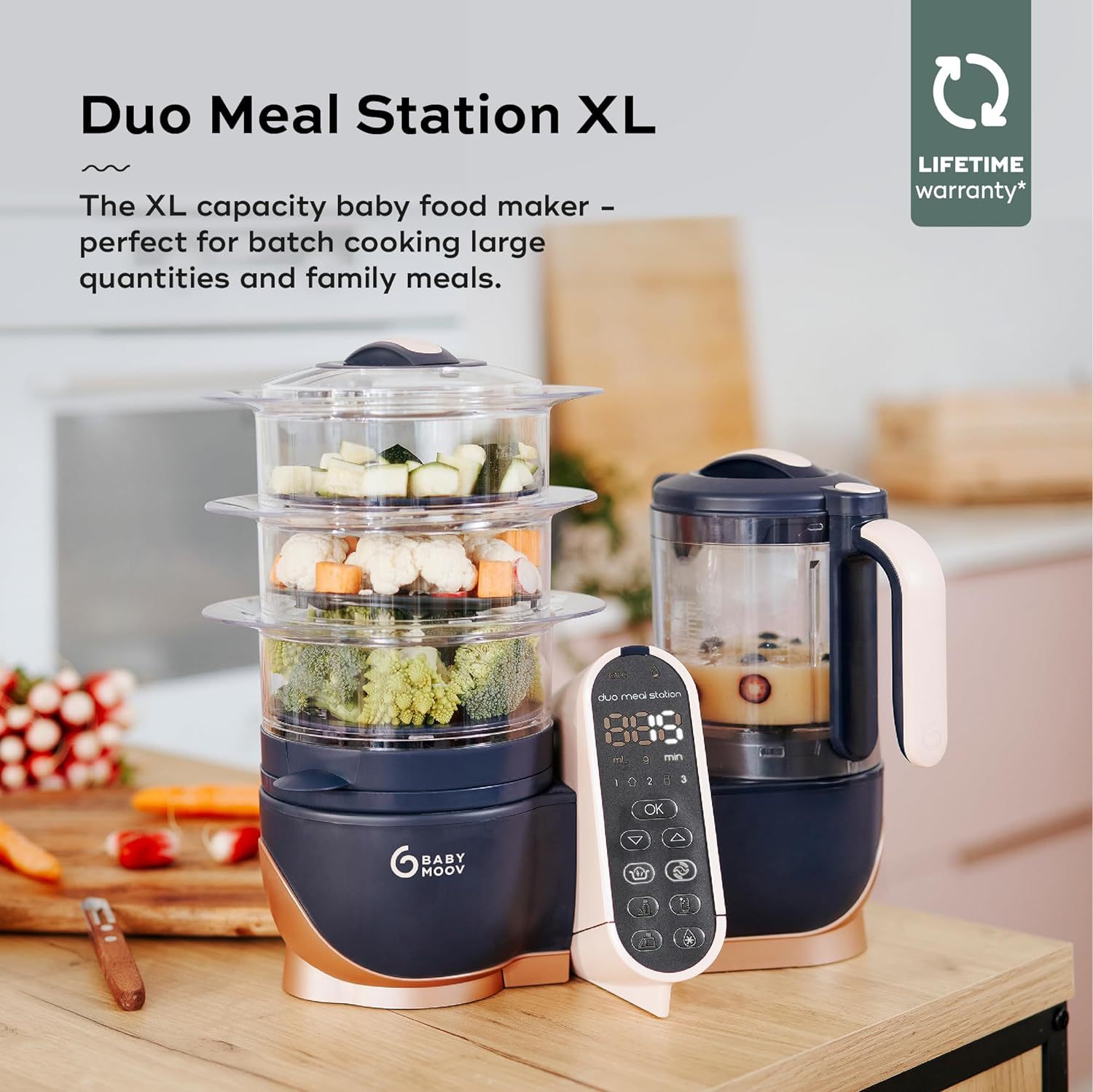 Babymoov Duo Meal 6 en 1: Procesador de Alimentos para Bebés con Vaporizador y Licuadora de Velocidades Múltiples, Calienta y Descongela (Aprobado por Nutricionistas), Gris
