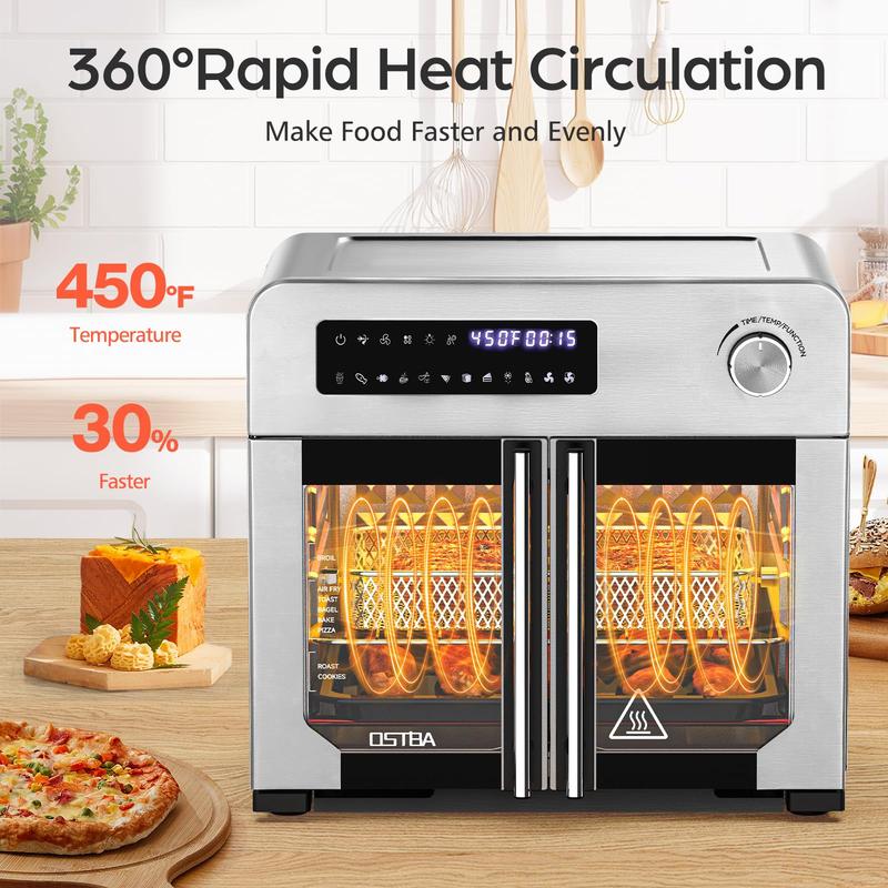Combo de Freidora de Aire y Horno Tostador OSTBA con Puertas Francesas — Incluye 102 Recetas y 7 Accesorios. Freidora de Aire y Horno de Convección de Sobremesa Extra Grande 10 en 1: 95% Menos Aceite, Cocción Rápida y Crujiente, Fácil de Limpiar.
