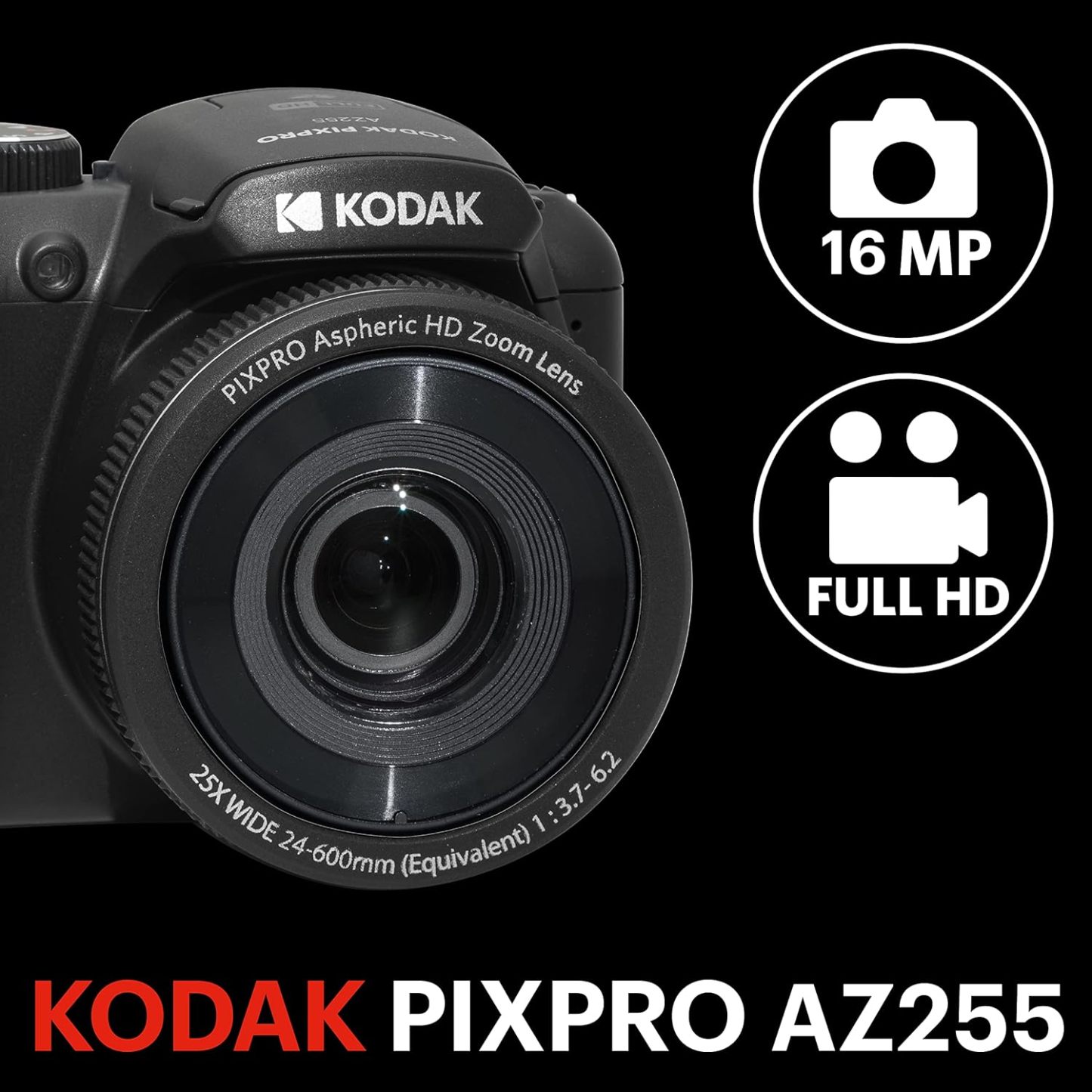 KODAK PIXPRO AZ255-RD Cámara Digital de 16 MP, Zoom óptico de 25 x 24 mm, Lente Gran Angular, estabilización óptica de Imagen, 1080P, Full HD, Video, cámara de vlogging LCD de 3 Pulgadas (Rojo)