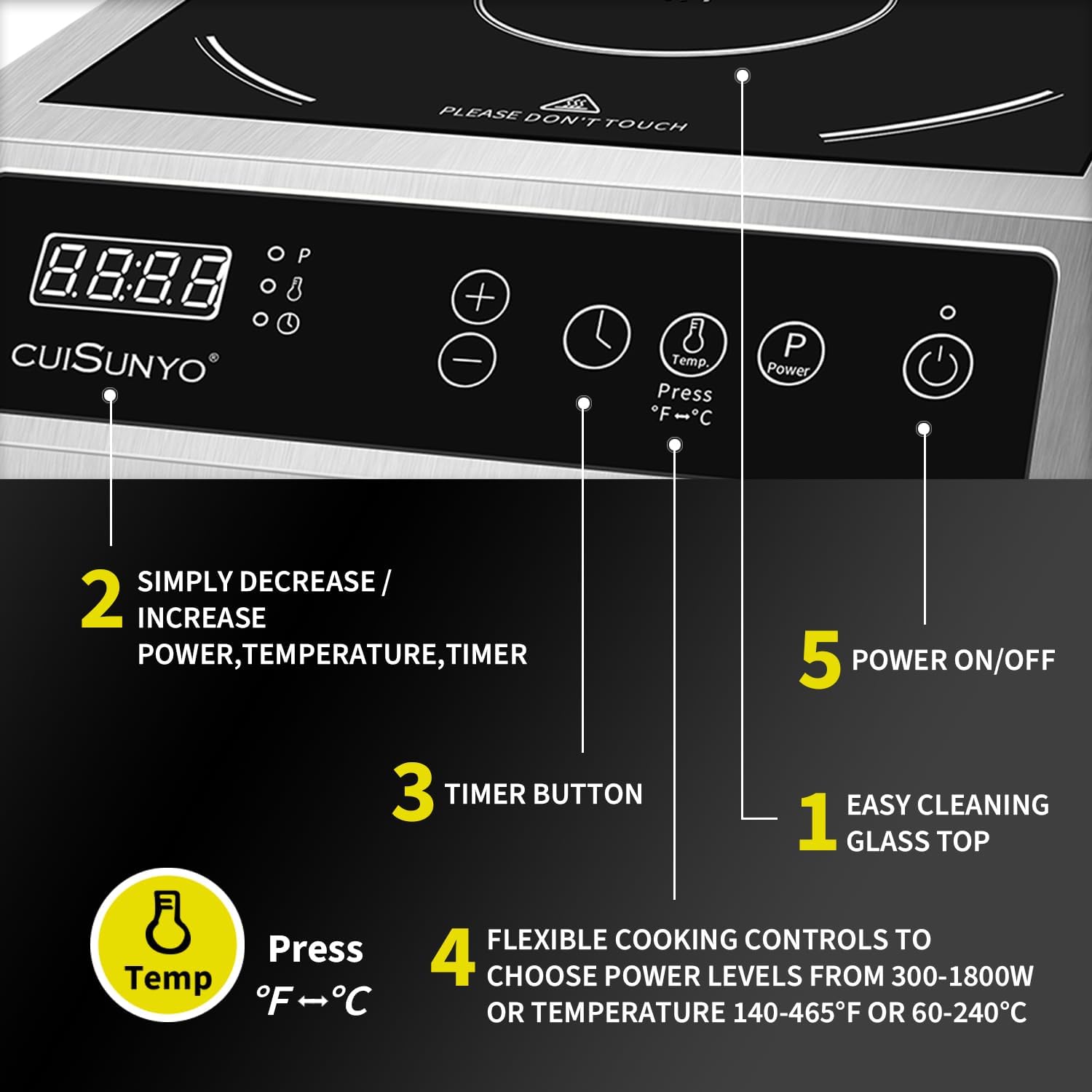 Cocina de inducción comercial 500-3500 W, 240 V, portátil, 10 niveles de potencia, quemador de encimera con 12 ajustes de temporizador, 140 a 550 °F y visualización LCD, estufa eléctrica de acero