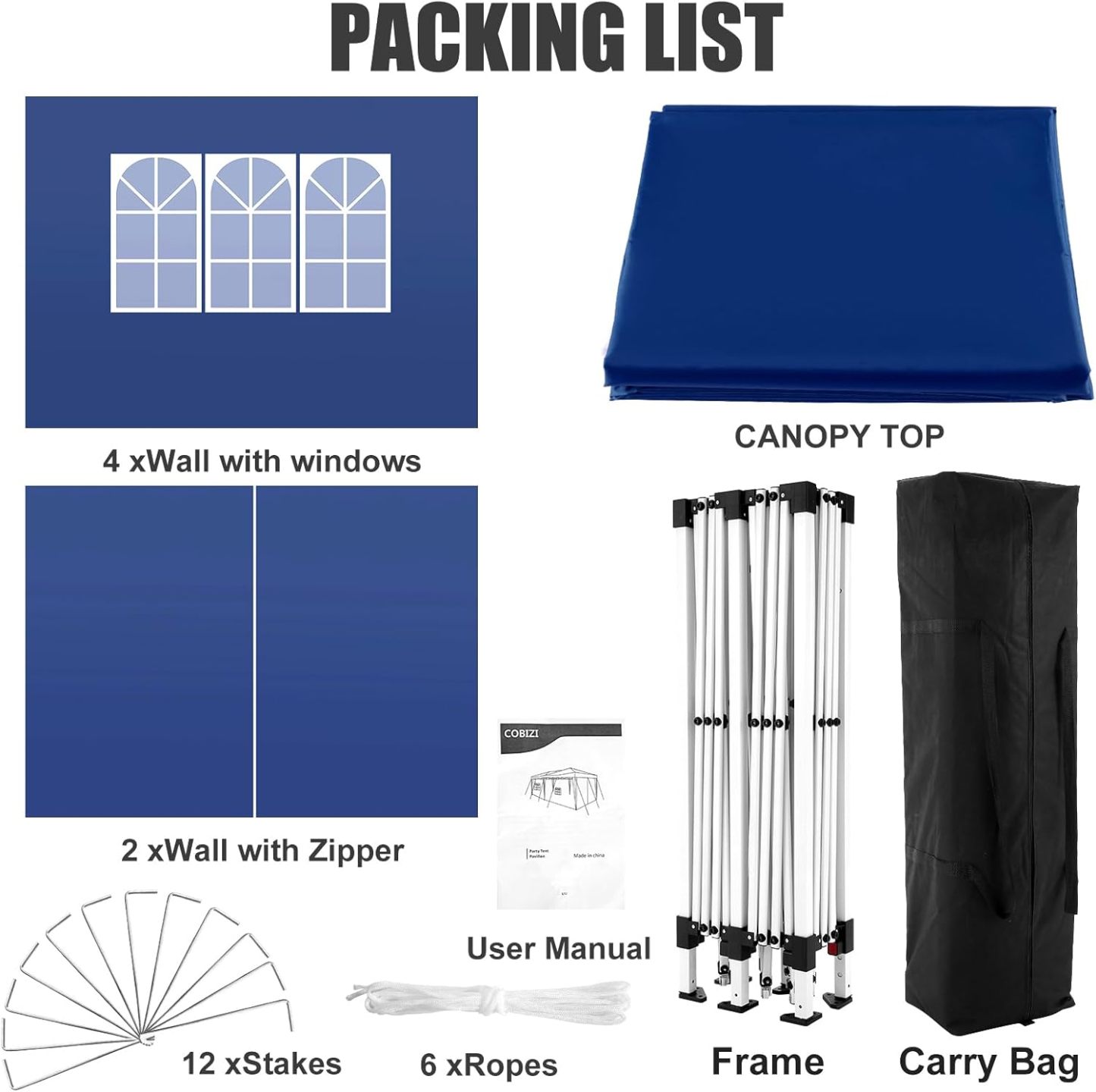 COBIZI - Toldo desplegable de 10 x 20 Pulgadas con 6 Paredes Laterales, toldo Impermeable para Eventos al Aire última intervensión, UPF 50+ cenador portátil para Fiestas, Playa, Camping, Boda,