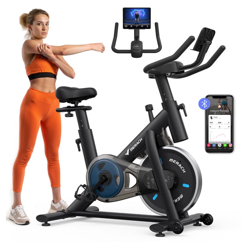 🚴Bicicleta estática Merach con modo de juego RPM y transmisión por correa silenciosa, capacidad de 136 kg (300 lb), 💪monitor LED y soporte para tablet, asiento acolchado cómodo, cardio compacto para gimnasio en casa Summervibes