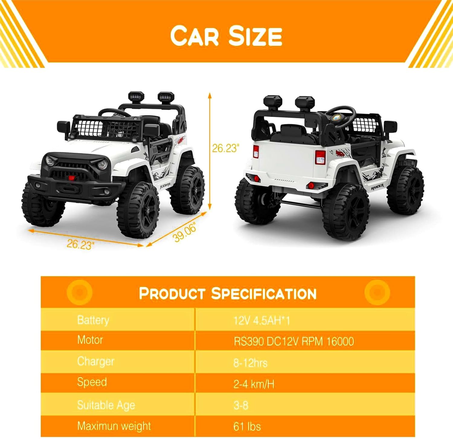Hetoy Ride on Truck Car 12V Kids Electric Vehicles with Remote Control Spring Suspension, LED Lights, Bluetooth, 2 Speeds