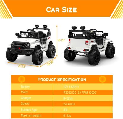 Hetoy Ride on Truck Car 12V Kids Electric Vehicles with Remote Control Spring Suspension, LED Lights, Bluetooth, 2 Speeds
