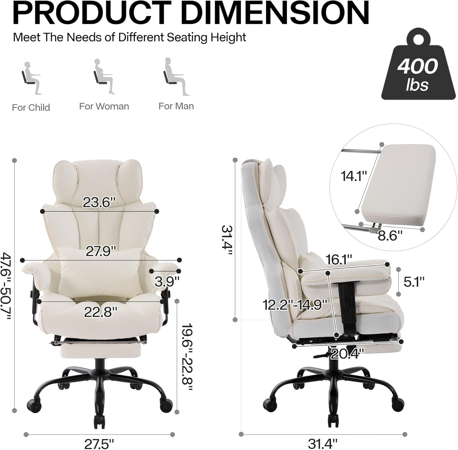 Gzagdecr - Silla de oficina grande y alta de 400 libras, silla de juego de piel sintético con respaldo alto, silla reclinable, silla de oficina ergonómica ejecutiva, soporte lumbar, silla de