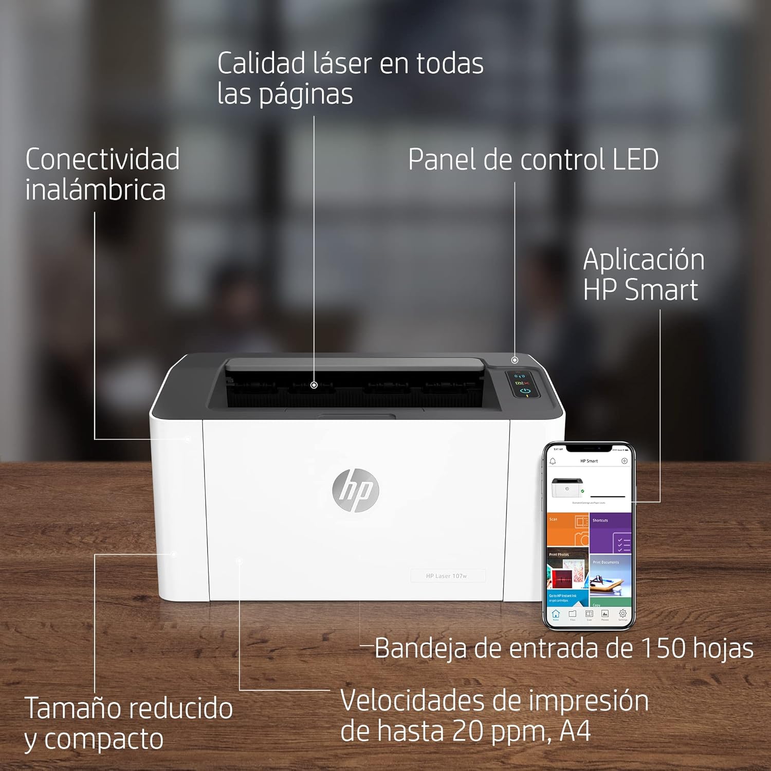 HP Impresora Laser 107w, Láser, Impresión en Negro, Wi-Fi, USB, Impresión y escanéo desde HP Smart App, Apple Air Print, Bandeja de 150 hojas, Pantalla LED (4ZB78A)
