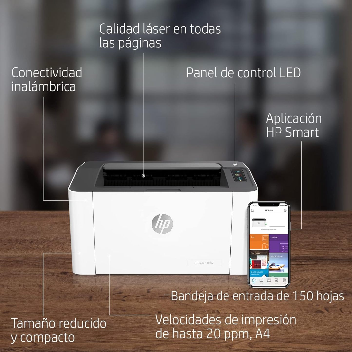 HP Impresora Laser 107w, Láser, Impresión en Negro, Wi-Fi, USB, Impresión y escanéo desde HP Smart App, Apple Air Print, Bandeja de 150 hojas, Pantalla LED (4ZB78A)