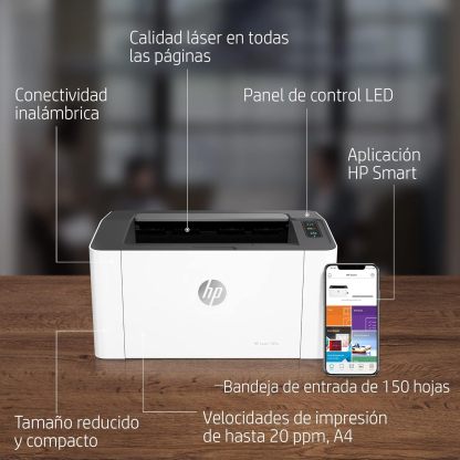 HP Impresora Laser 107w, Láser, Impresión en Negro, Wi-Fi, USB, Impresión y escanéo desde HP Smart App, Apple Air Print, Bandeja de 150 hojas, Pantalla LED (4ZB78A)