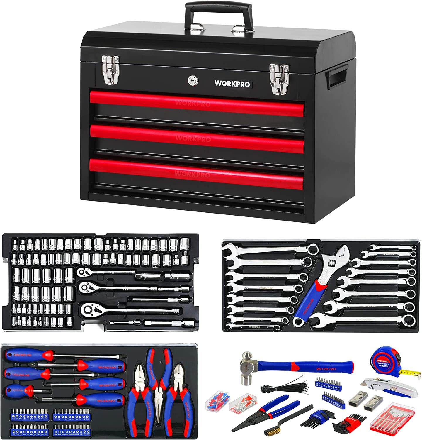 WorkPro - W009044A Juego de herramientas mecánicas de 408 piezas con caja de metal resistente de 3 cajones—llave de copo de nieve