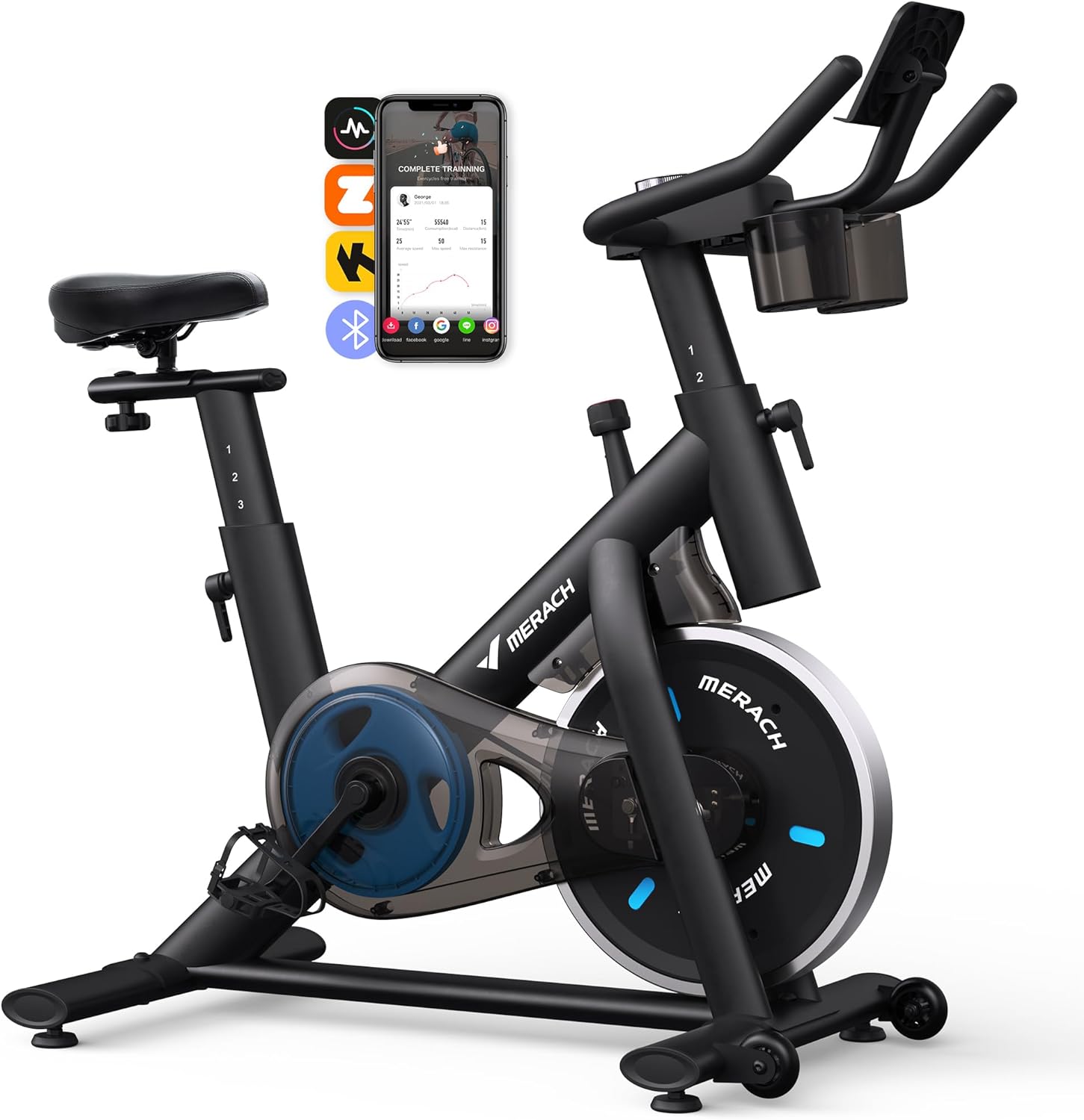 MERACH Bicicleta estática, pastillas de freno magnéticas/bicicleta estática con aplicación exclusiva, bicicleta de interior de bajo ruido, soporte de 270 lb