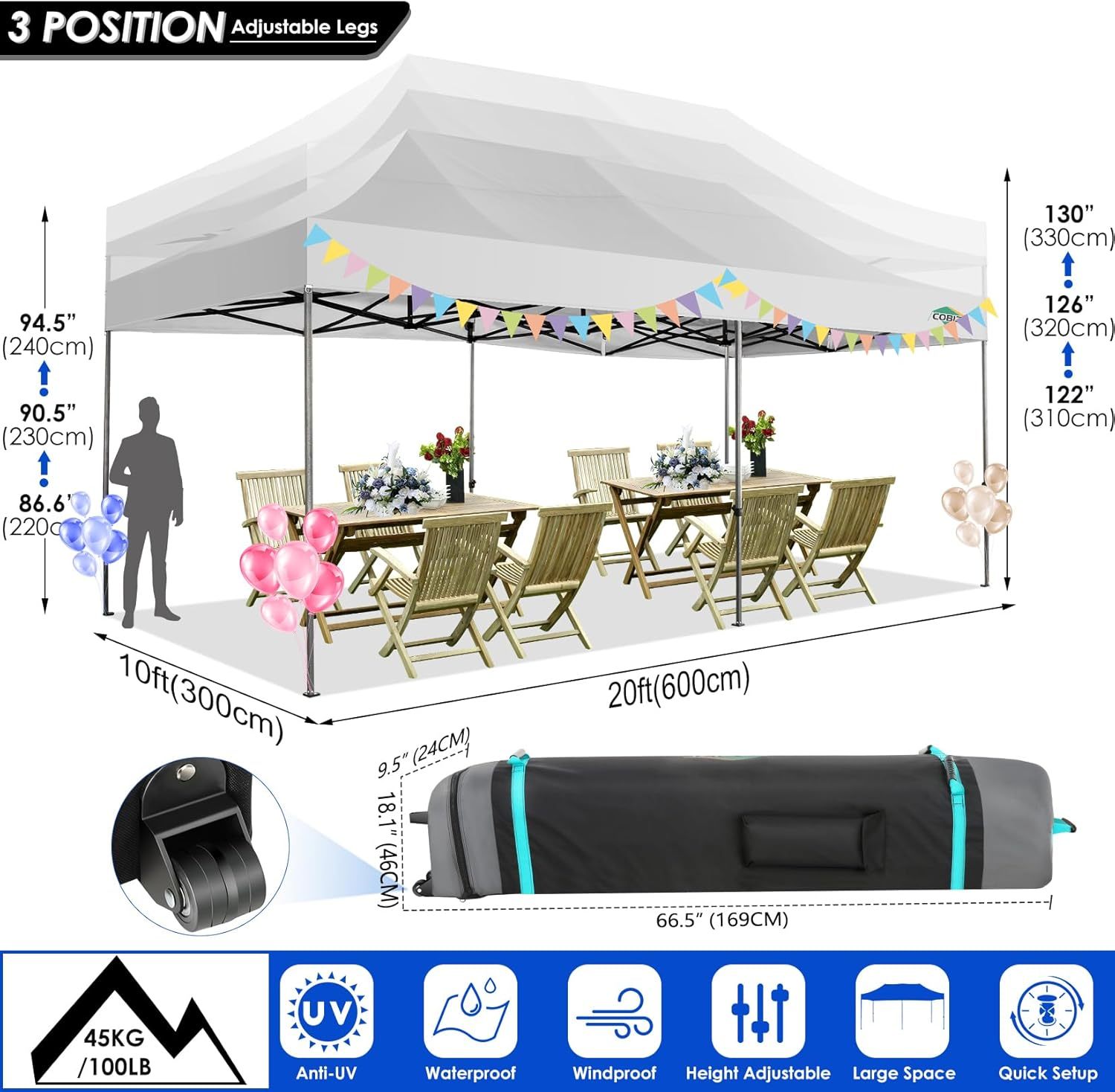 COBIZI - Toldo desplegable de 10 x 20 Pulgadas con 6 Paredes Laterales, toldo Impermeable para Eventos al Aire última intervensión, UPF 50+ cenador portátil para Fiestas, Playa, Camping, Boda,