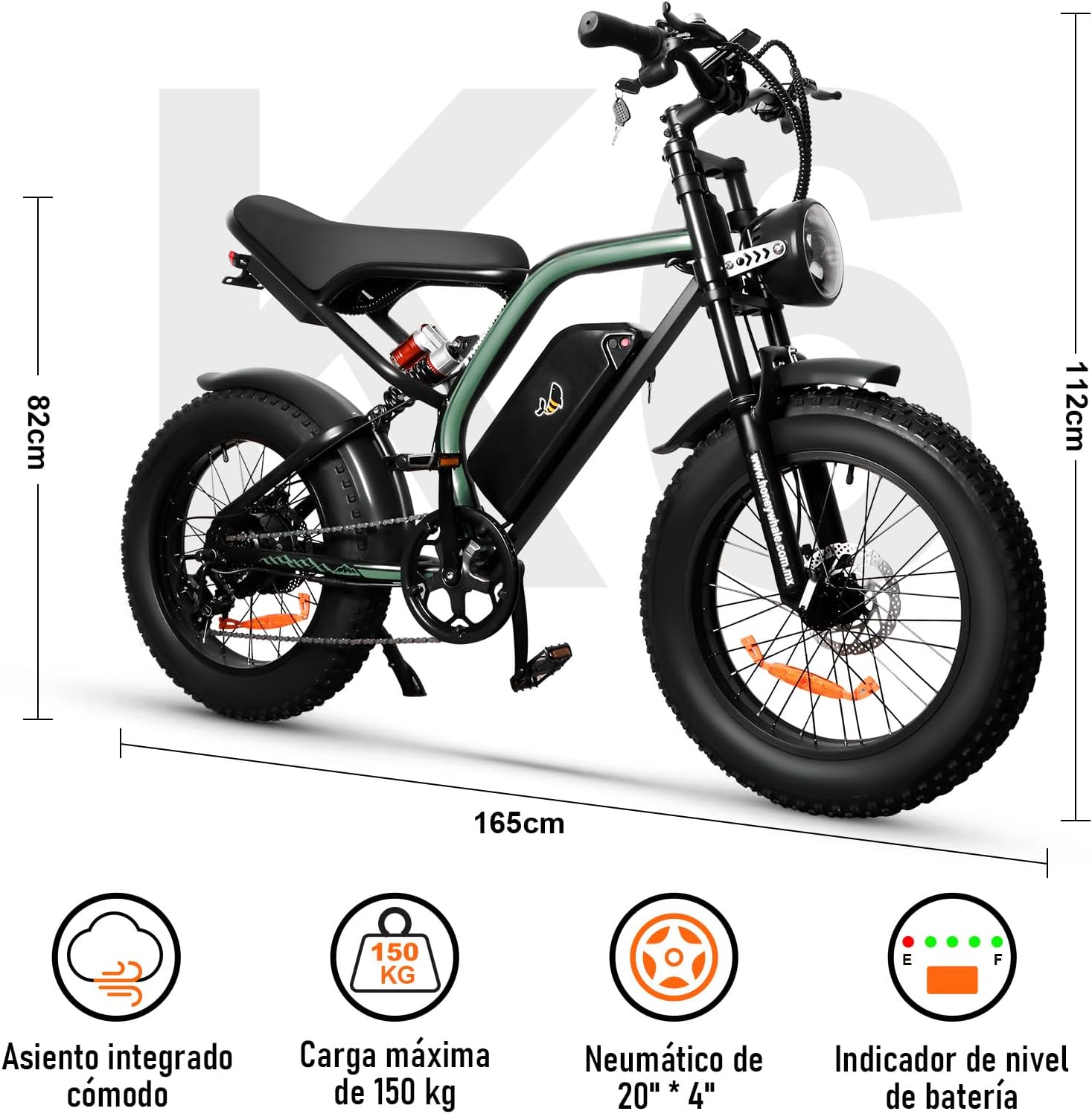 HONEYWHALE K6 Bicicleta Electrica para Adultos, Moto Bicicleta de Montaña de 7 Velocidades, Potencia del Motor 1080 W, Velocidad Máxima 48KM/H, Autonomía 40-45KM, Batería (48V, 15AH)