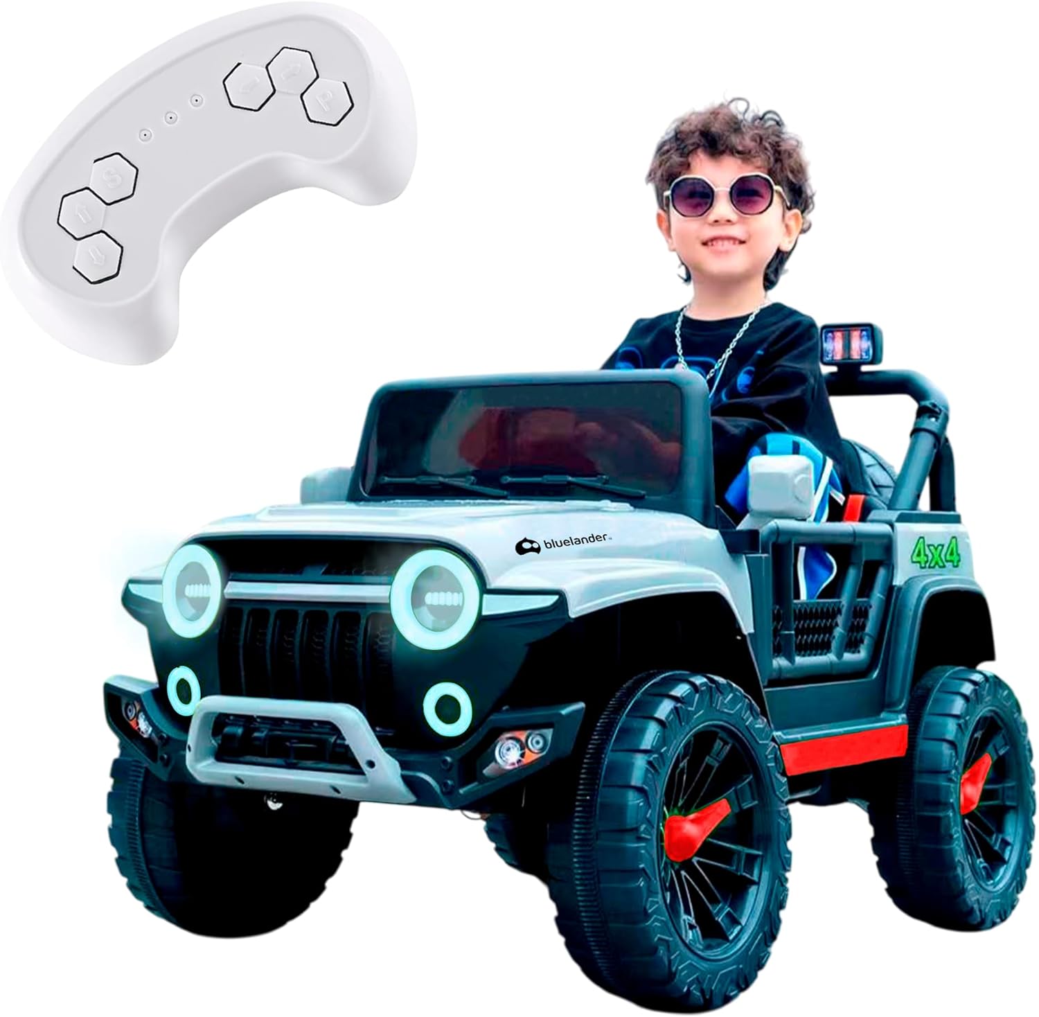 Bluelander Carro Electrico Tipo Jeep Montable Niño Niña, 69*61*105 Cm, Carro Electrico 5 KM/H, Carrito Montable Electrico Musical, Luz Led, Control Remoto, Puerto USB, MIC, Bateria Recargable (Rojo)