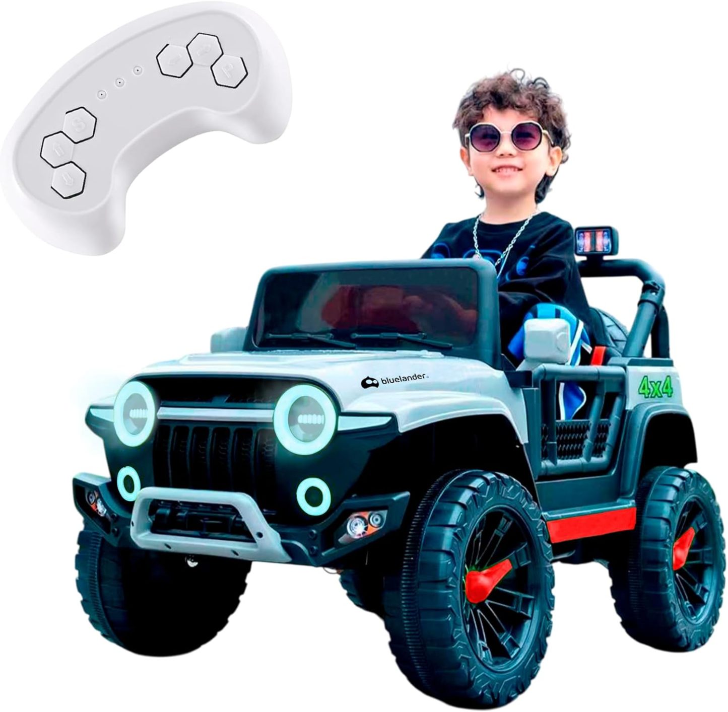 Bluelander Carro Electrico Tipo Jeep Montable Niño Niña, 69*61*105 Cm, Carro Electrico 5 KM/H, Carrito Montable Electrico Musical, Luz Led, Control Remoto, Puerto USB, MIC, Bateria Recargable (Rojo)