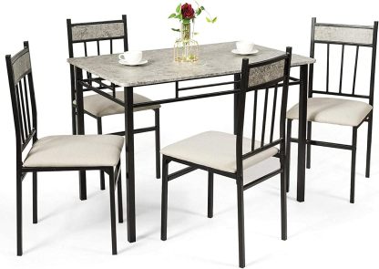 Juego de mesa de comedor de cocina de 5 piezas Tangkula, juego de mesa y sillas modernas que incluye 1 mesa rectangular y cuatro sillas de respaldo alto, marco de metal y asiento acolchado, tablero de mesa de mármol sintético (gris)