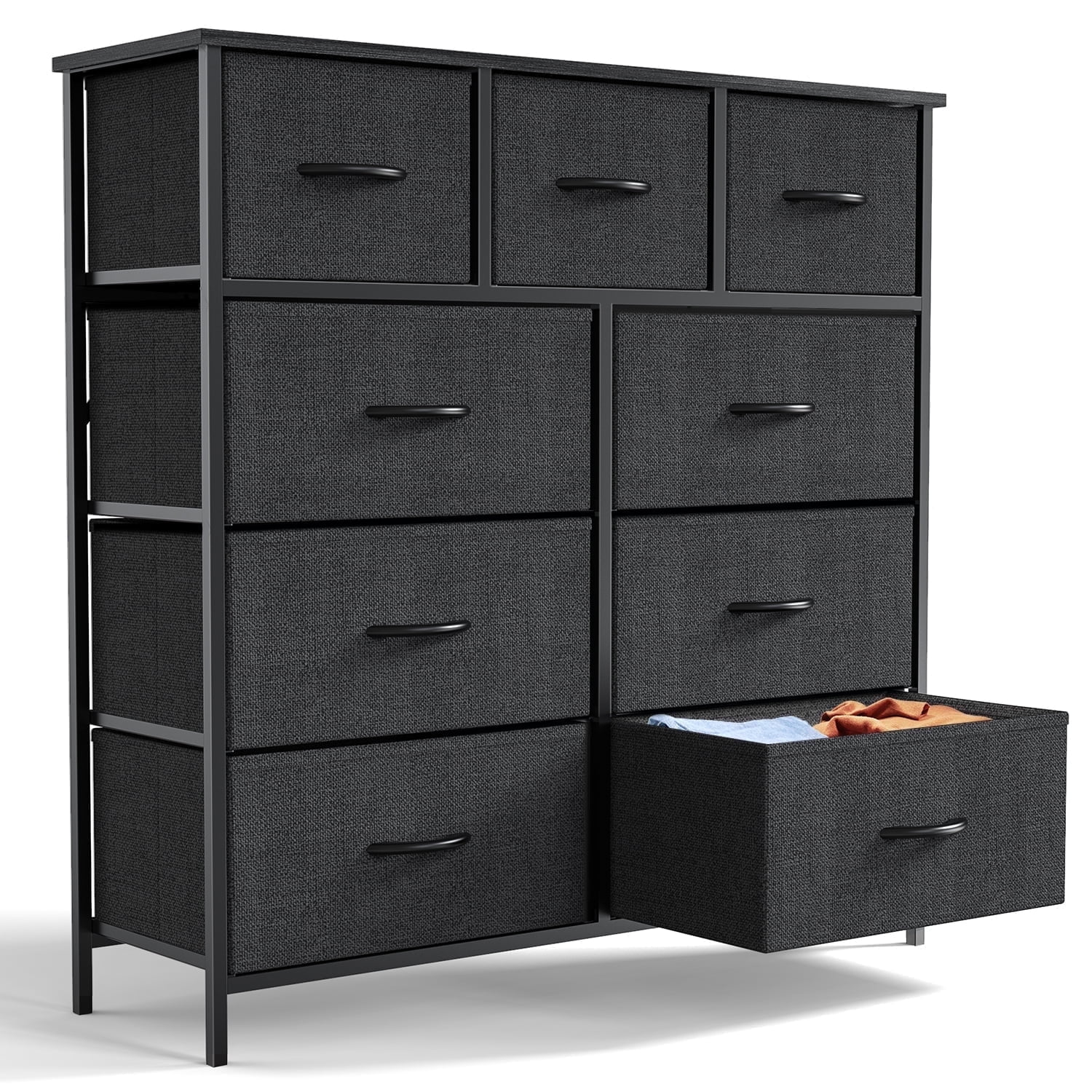Yanming Cómoda de Tela con 9 cajones, Estructura de Acero y Tapa de Madera para Dormitorio, Armario, Entrada