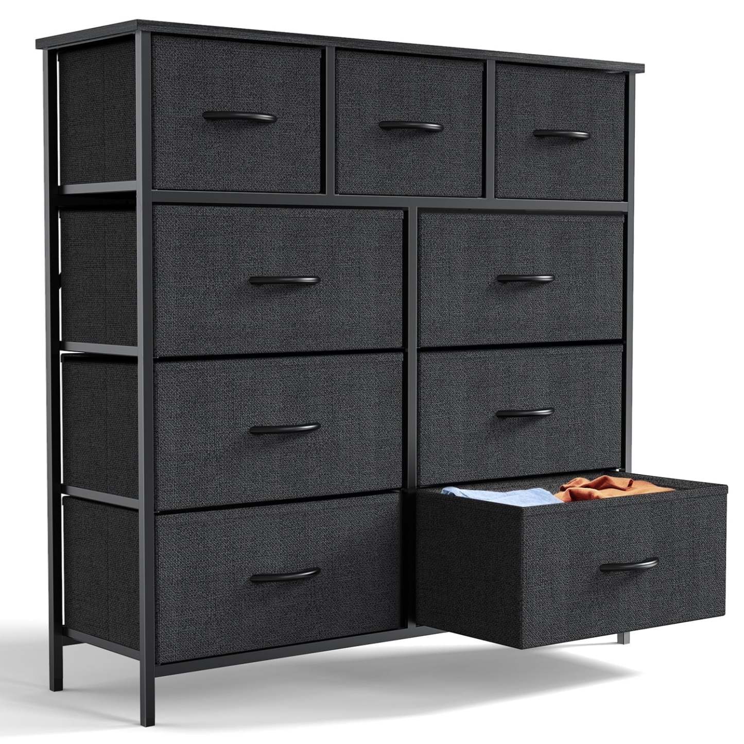 Yanming Cómoda de Tela con 9 cajones, Estructura de Acero y Tapa de Madera para Dormitorio, Armario, Entrada