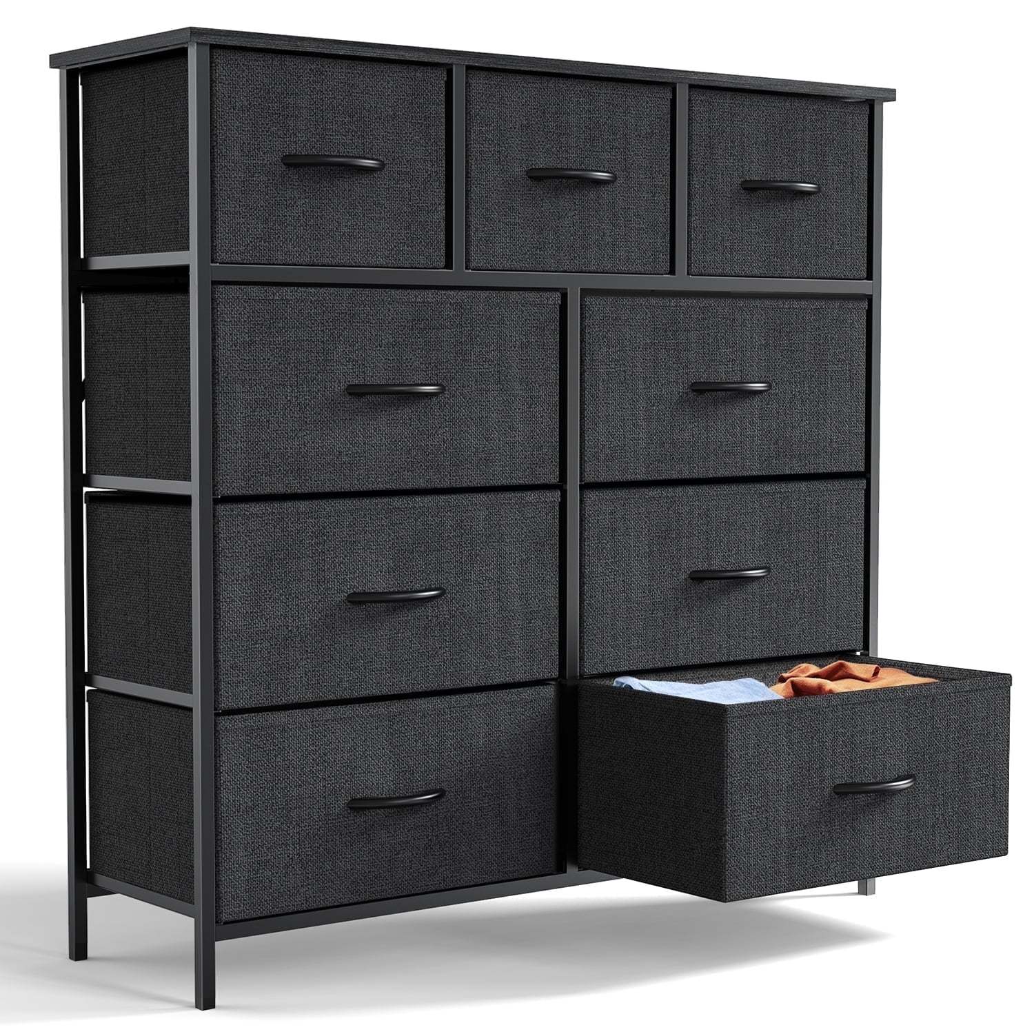 Yanming Cómoda de Tela con 9 cajones, Estructura de Acero y Tapa de Madera para Dormitorio, Armario, Entrada
