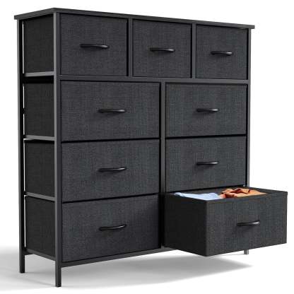 Yanming Cómoda de Tela con 9 cajones, Estructura de Acero y Tapa de Madera para Dormitorio, Armario, Entrada