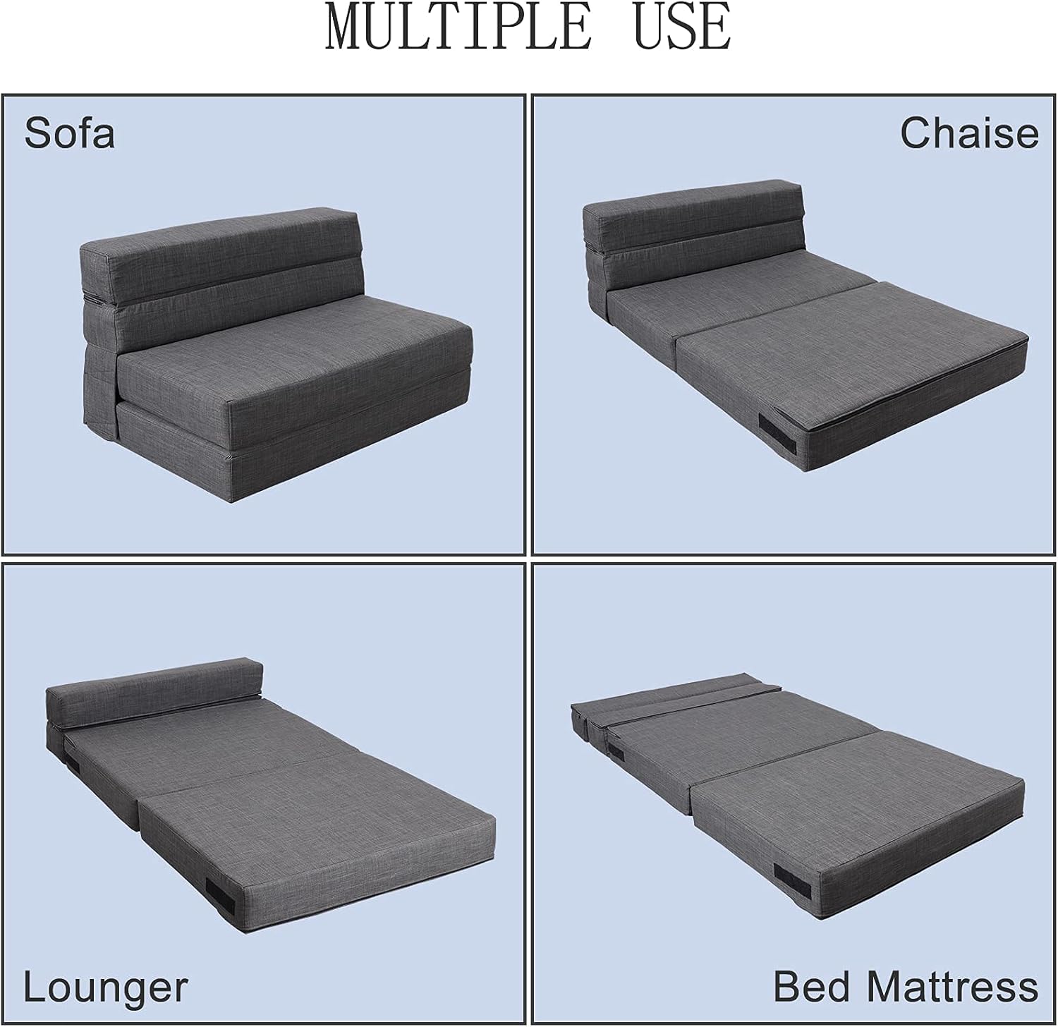 Silla reclinable Anoner, sofá cama plegable de 152 cm, diván con 2 cojines, funda lavable de espuma viscoelástica tamaño queen, color gris claro