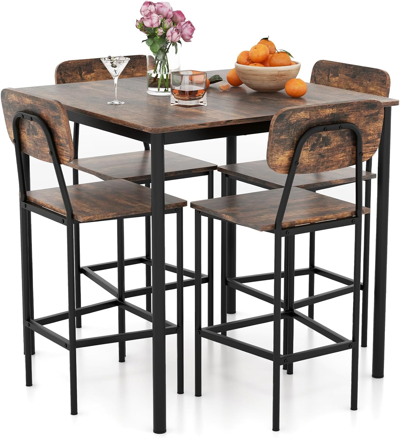 Juego de mesa de comedor de 5 piezas con mesa de altura y 4 taburetes de bar, juego de comedor industrial de cocina con reposapiés y respaldo, juego de comedor que ahorra espacio para pub,
