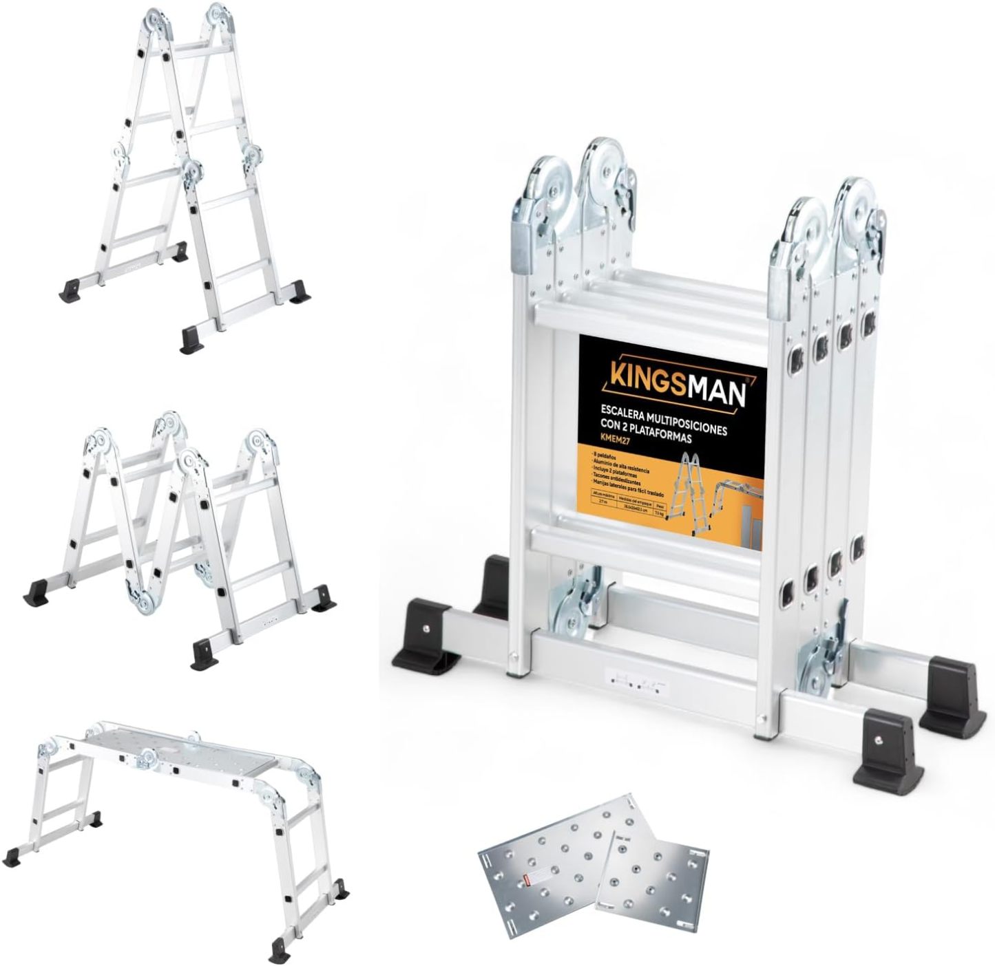 Kingsman | Escalera Multiposiciones 12 Peldaños con Charolas – Soporta hasta 150 kg – Escalera de Aluminio 3.5 MTS – Plegable – Escalera Multipropósito – Tipo Tijera – Andamio – Escalera Recta