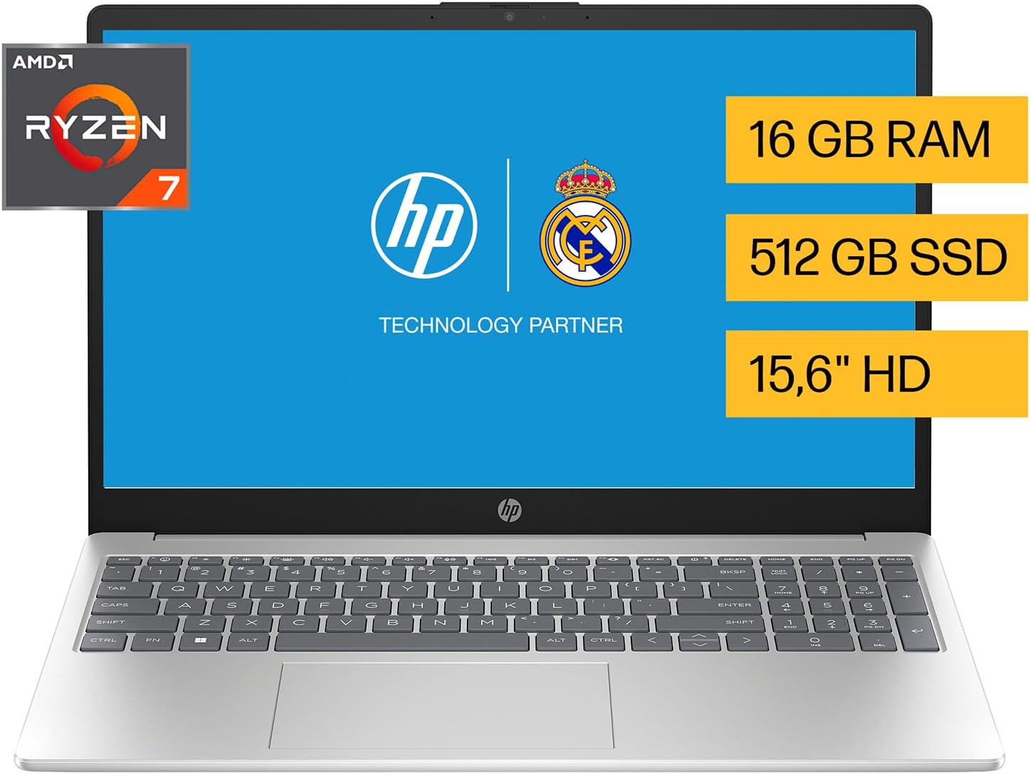 HP Laptop 15-fc0080la, AMD Ryzen 7, 16 GB, 512 GB SSD, 15.6, HD, Windows 11 Home, Teclado en Español, Garantía México, Plateado | Microsoft 365 Personal 12 Meses + Curso Multilenguajes