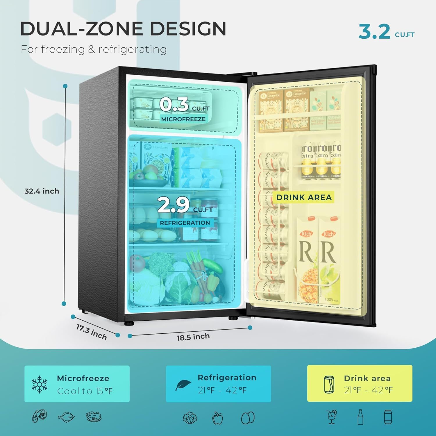 EUHOMY Mini refrigerador con congelador, refrigerador compacto de 3.2 pies cúbicos con congelador, mini refrigerador de 2 puertas con congelador, vertical para recámara, oficina, departamento,
