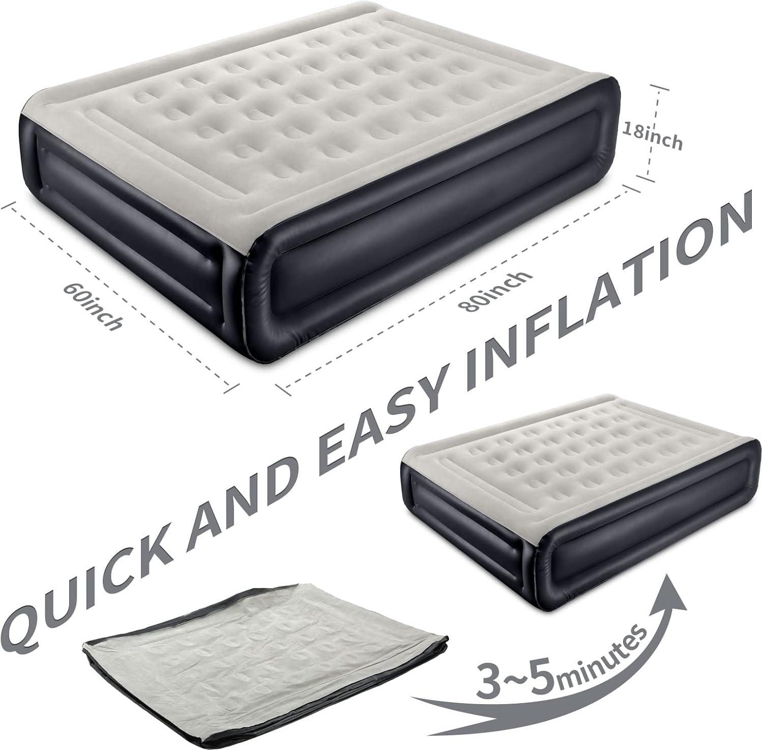 InnoTruth Colchón de aire Queen con bomba incorporada, cama de aire inflable elevada para camping, colchón inflable de doble altura con bolsa de transporte portátil, negro frío, Queen (80 x 60 x 18 pulgadas)