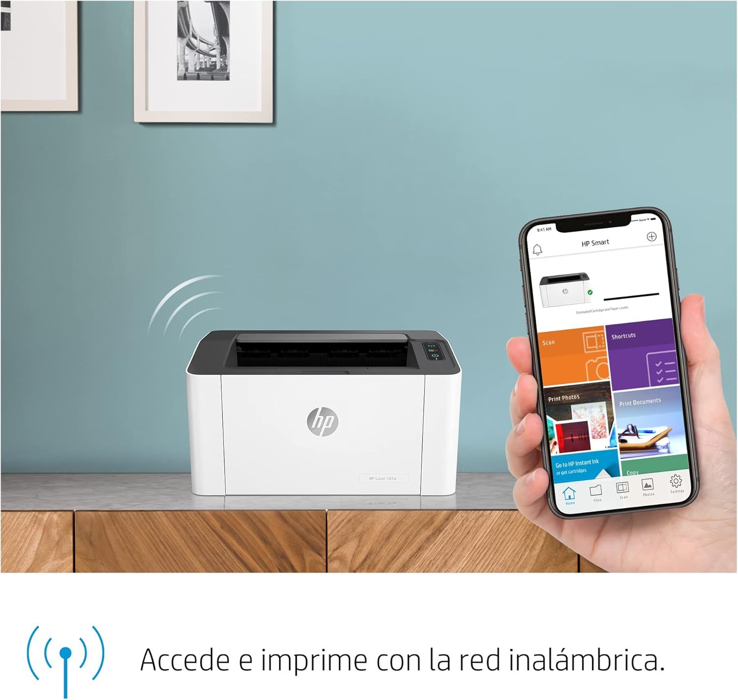 HP Impresora Laser 107w, Láser, Impresión en Negro, Wi-Fi, USB, Impresión y escanéo desde HP Smart App, Apple Air Print, Bandeja de 150 hojas, Pantalla LED (4ZB78A)