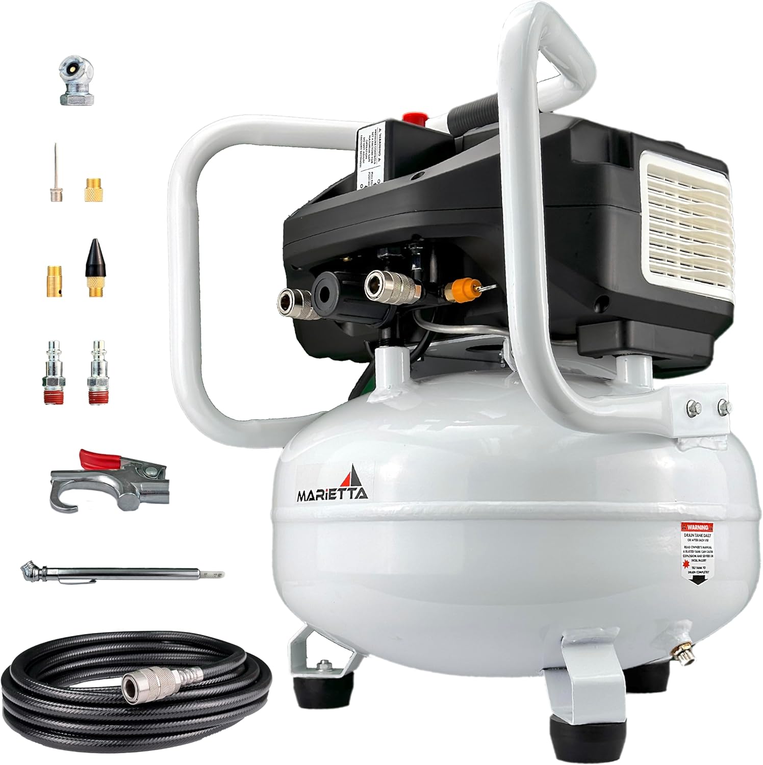 MARIETTA Compresor de Aire Libre de Aceite 1.5HP 22L Robusto con Kit de Accesorios y Manguera de 5 metros.