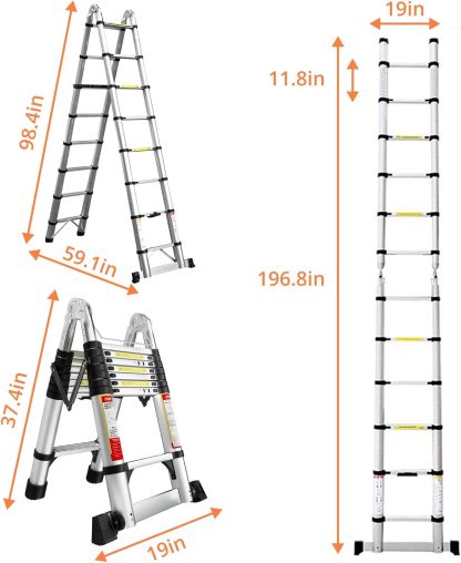 EvaStar - Escalera telescópica con marco A, escaleras telescópicas de aluminio ligeras con estabilizadores triangulares, barra estabilizadora y ruedas, escalera de extensión de capacidad de 350 libras