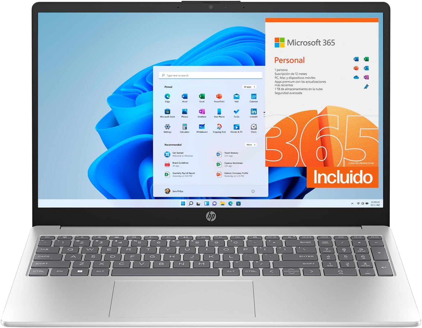 HP Laptop 15-fc0080la, AMD Ryzen 7, 16 GB, 512 GB SSD, 15.6, HD, Windows 11 Home, Teclado en Español, Garantía México, Plateado | Microsoft 365 Personal 12 Meses + Curso Multilenguajes