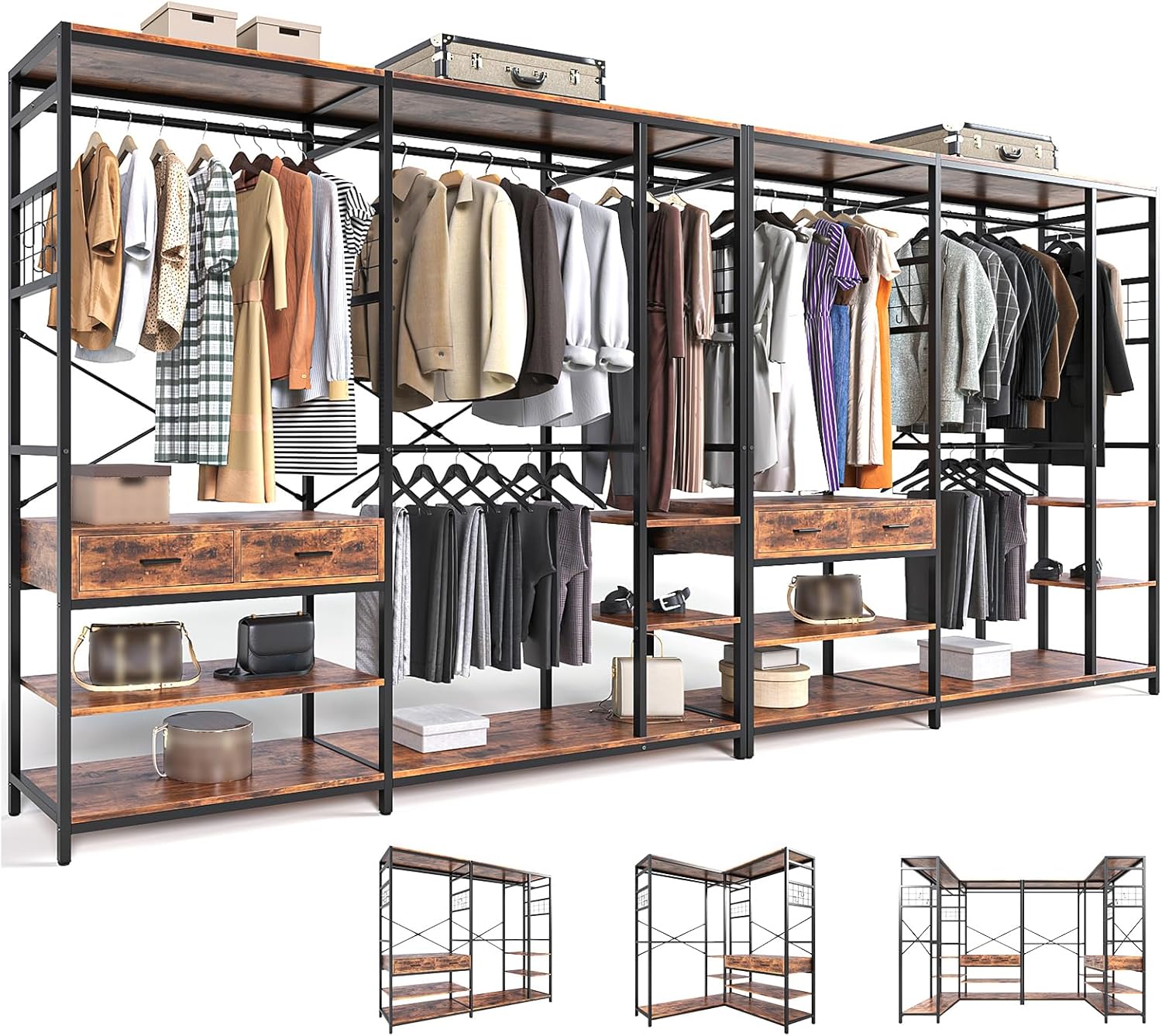 Simple Wisdom Closet Armables Para Ropa,2M Perchero Para Ropa Esquina en Forma de L,Closet Para Ropas Con 2 Cajones de Madera,Rack Para Ropas Con 5 Estantes Abiertos (Negro)