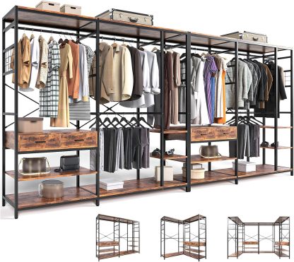 Simple Wisdom Closet Armables Para Ropa,2M Perchero Para Ropa Esquina en Forma de L,Closet Para Ropas Con 2 Cajones de Madera,Rack Para Ropas Con 5 Estantes Abiertos (Negro)