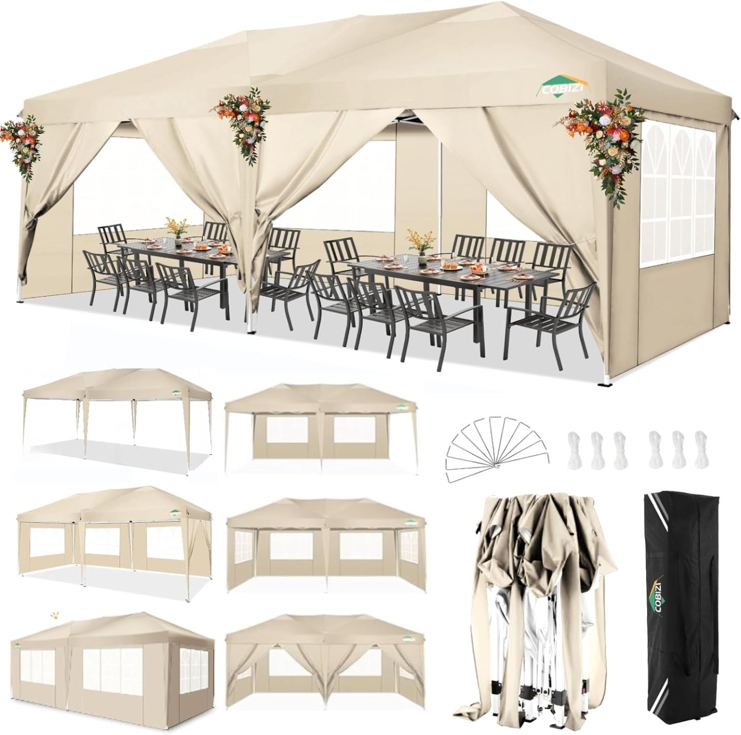 COBIZI - Toldo desplegable de 10 x 20 Pulgadas con 6 Paredes Laterales, toldo Impermeable para Eventos al Aire última intervensión, UPF 50+ cenador portátil para Fiestas, Playa, Camping, Boda,