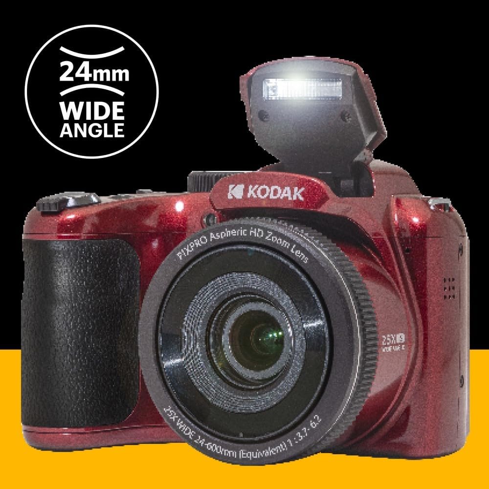 KODAK PIXPRO AZ255-RD Cámara Digital de 16 MP, Zoom óptico de 25 x 24 mm, Lente Gran Angular, estabilización óptica de Imagen, 1080P, Full HD, Video, cámara de vlogging LCD de 3 Pulgadas (Rojo)