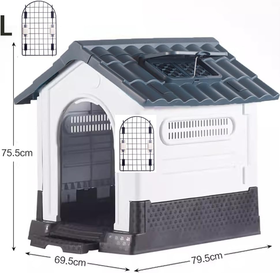 JIUSILIFE Casa Grande para Perros, Casa para Perros Tanto para Interior como para Exterior, con Techo Solar Ajustable Y Base Elevada, Fácil Montar, con Aseo, Casa Plegable Impermeable,Gray,M