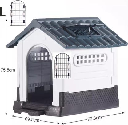 JIUSILIFE Casa Grande para Perros, Casa para Perros Tanto para Interior como para Exterior, con Techo Solar Ajustable Y Base Elevada, Fácil Montar, con Aseo, Casa Plegable Impermeable,Gray,M