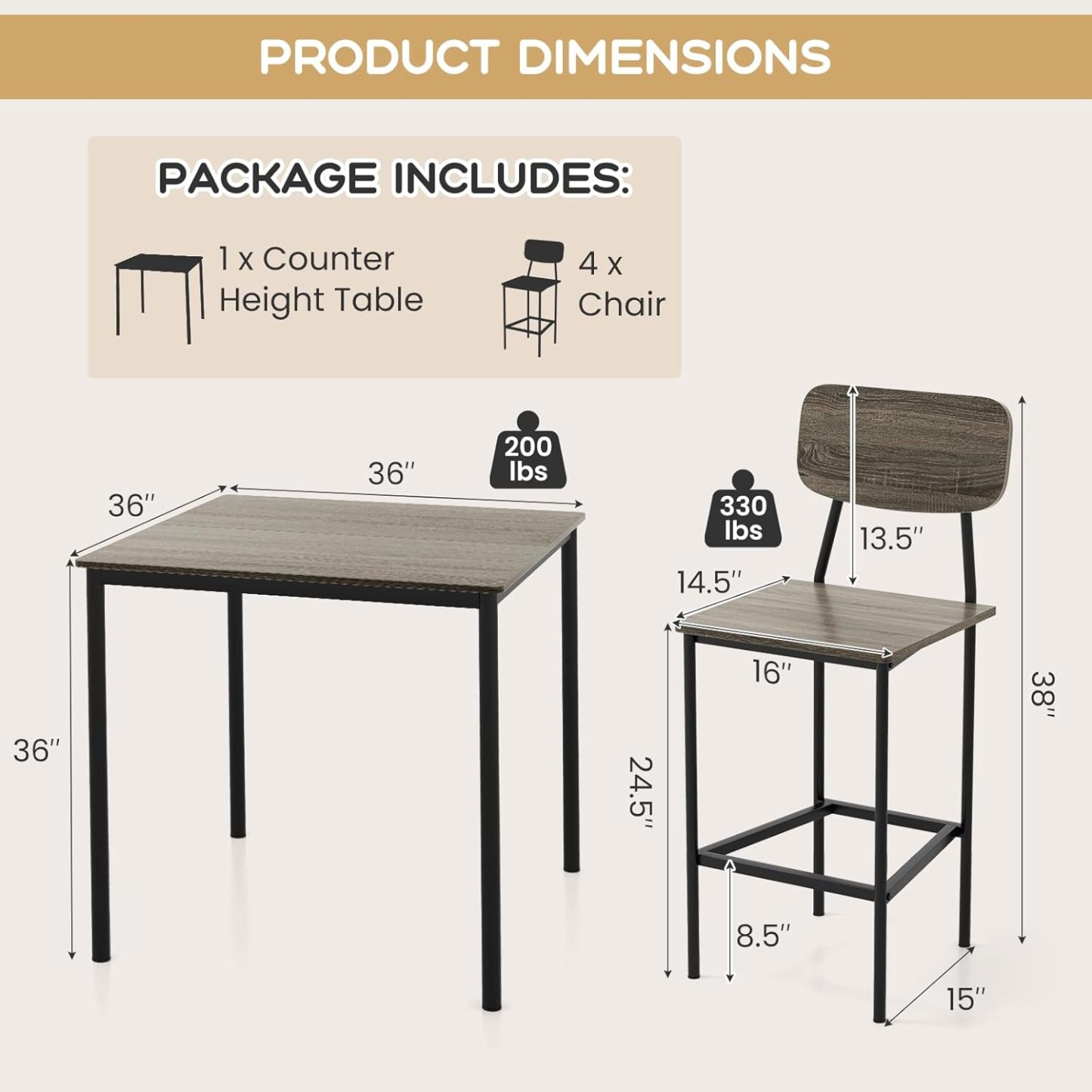 Juego de mesa de comedor de 5 piezas con mesa de altura y 4 taburetes de bar, juego de comedor industrial de cocina con reposapiés y respaldo, juego de comedor que ahorra espacio para pub,