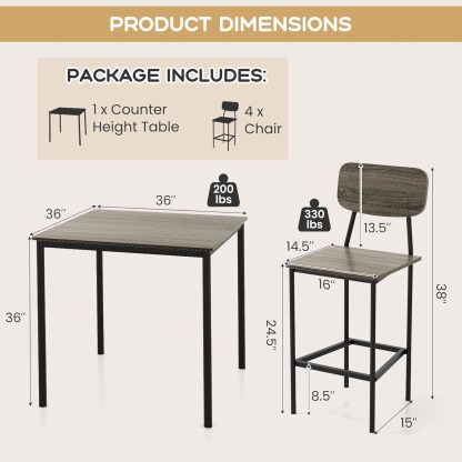 Juego de mesa de comedor de 5 piezas con mesa de altura y 4 taburetes de bar, juego de comedor industrial de cocina con reposapiés y respaldo, juego de comedor que ahorra espacio para pub,