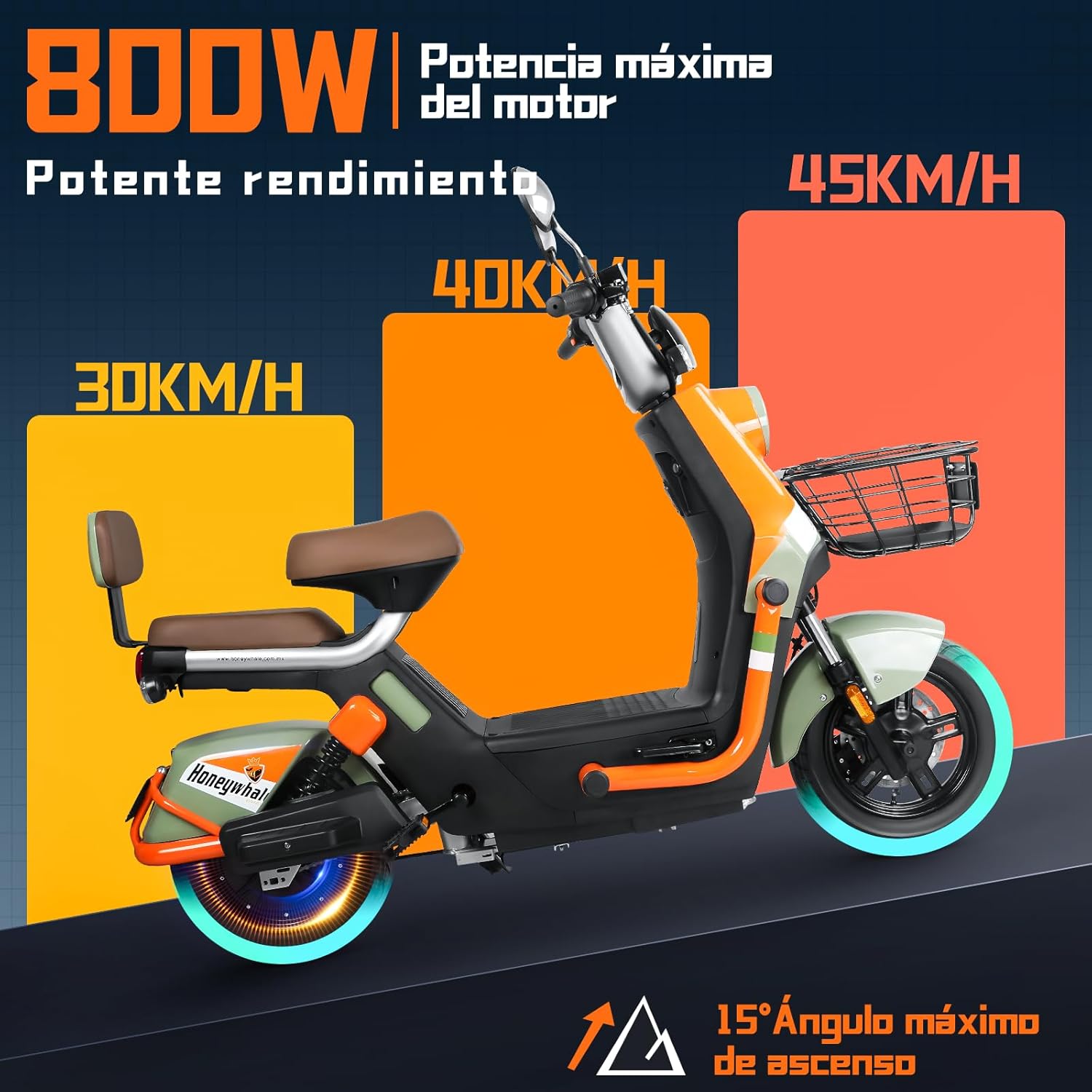HONEYWHALE KC PRO Bicicleta Electrica para Adultos, Moto Electrica con Alarma, Potencia Motor Hasta 800W, Velocidad Máxima 45KM/H, Autonomía 60KM, Compatible con Desbloqueo NFC