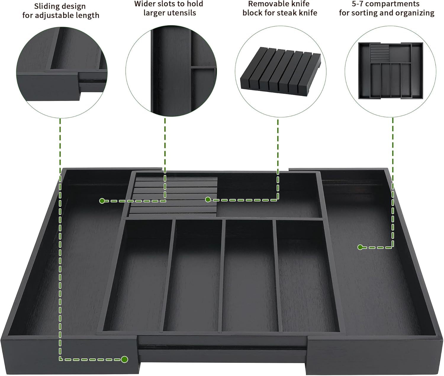 VaeFae Cocina, soporte para utensilios extensibles y bandeja de cubiertos con Divider de 13" -21,6 "de superficie plana y bloque de cuchildesmontable (negro)