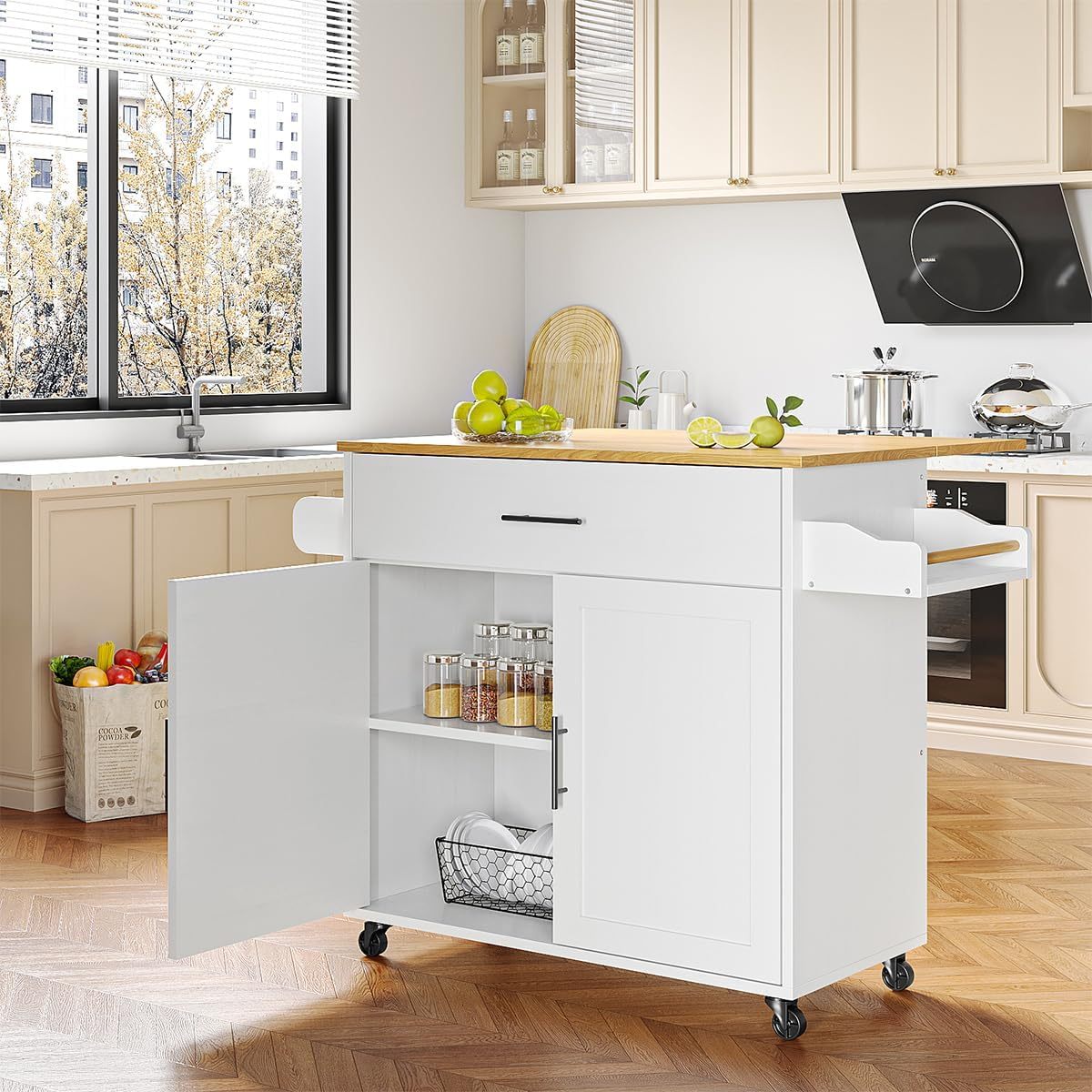 Isla de Cocina Móvil Multifuncional con Ruedas - Abatible,Organizador Integrado Gabinetes,Cajones,Especiero,Toallero Mesa Auxiliar,Almacenamiento Compacto Color de Relieve Blanco