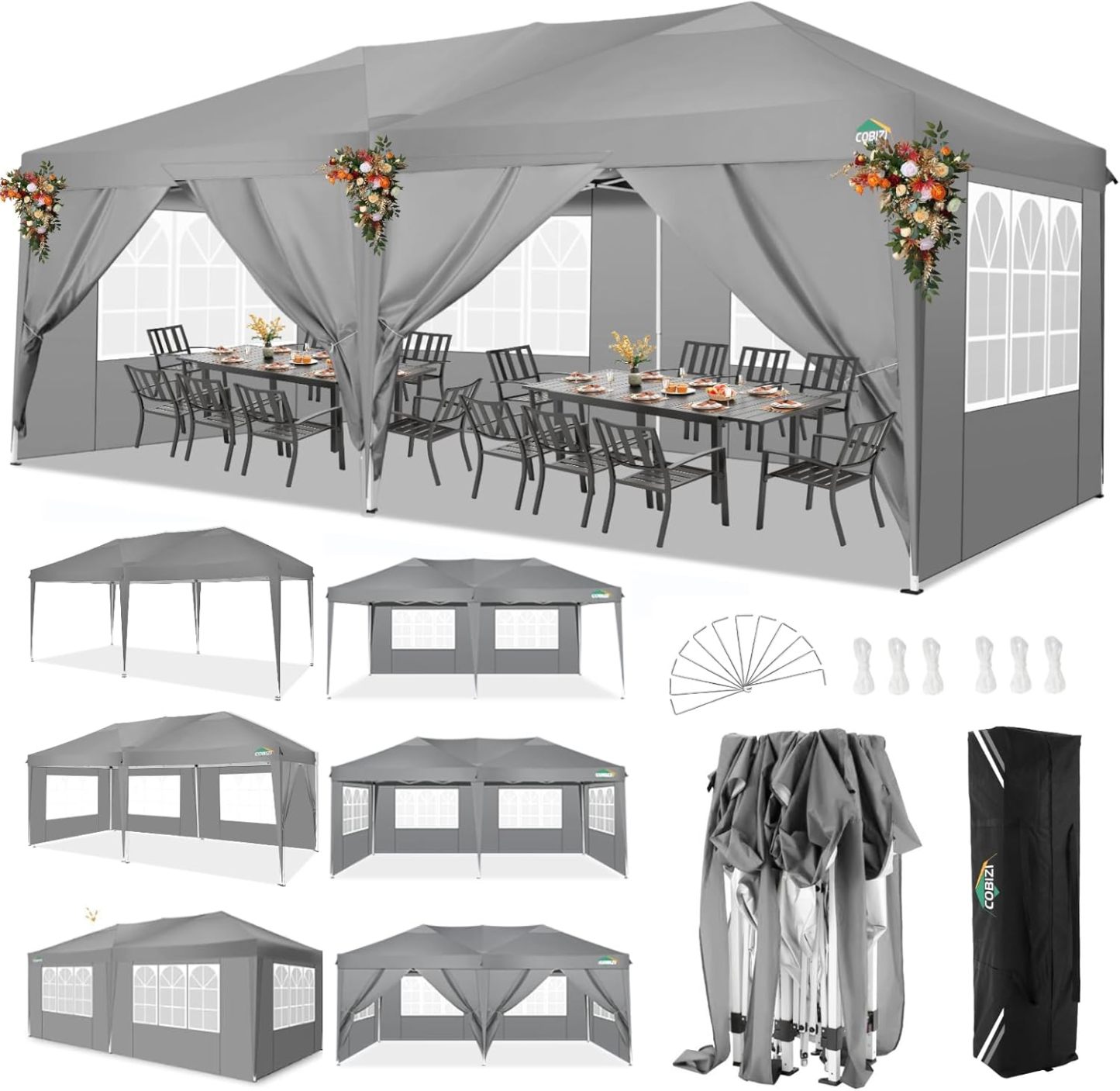 COBIZI - Toldo desplegable de 10 x 20 Pulgadas con 6 Paredes Laterales, toldo Impermeable para Eventos al Aire última intervensión, UPF 50+ cenador portátil para Fiestas, Playa, Camping, Boda,