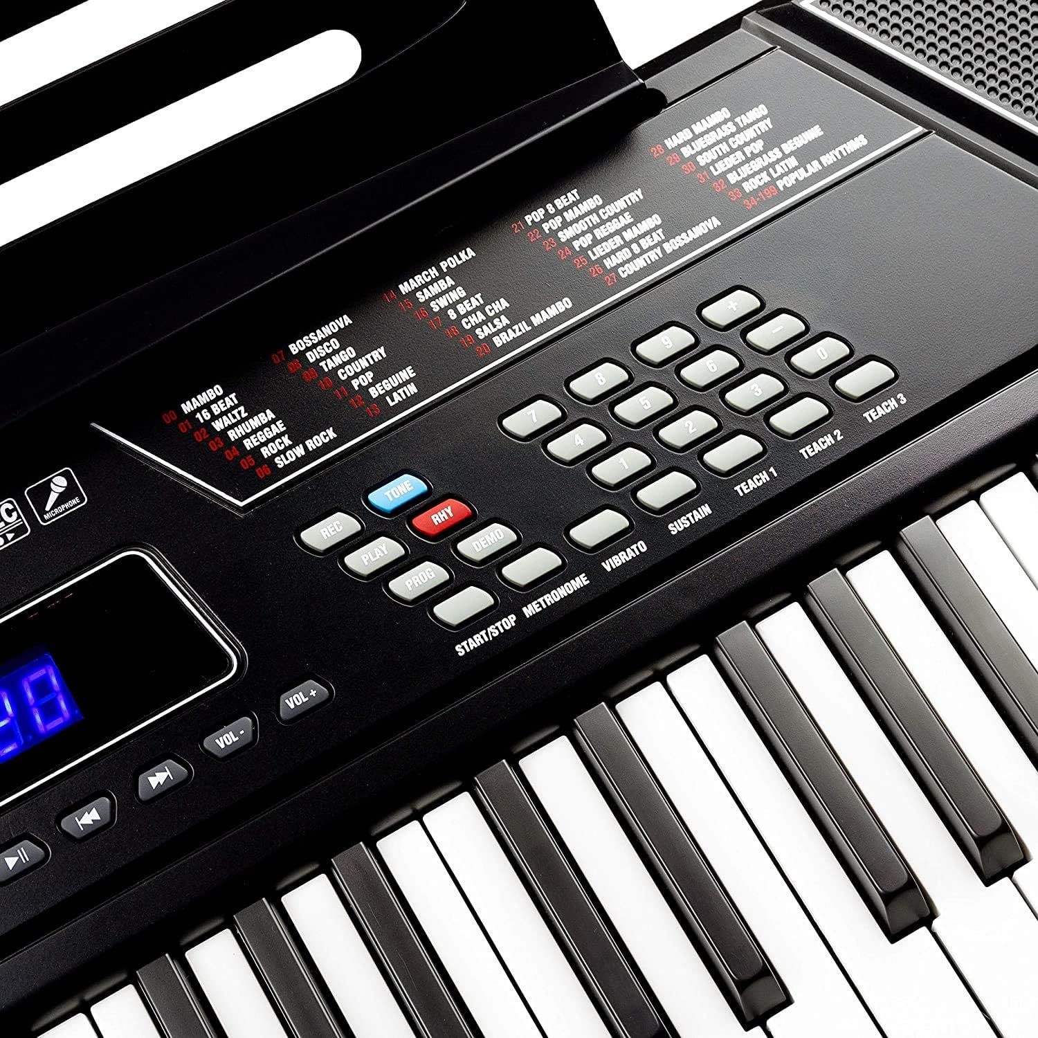 RockJam - Kit de piano con teclado de 61 teclas con banco para teclado, soporte para teclado, auriculares, pegatinas para notas de piano y lecciones de piano Simply