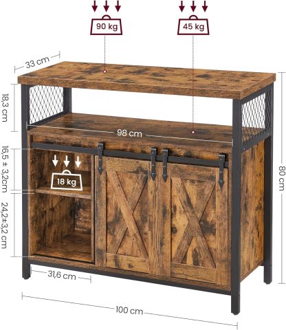 VASAGLE Credenza y Mueble Cocina, Gabinete para Cocina con 2 Puertas Correderas y Repisas, Sala o Pasillo, Marrón Rústico, Negro Tinta, MLSC092B01